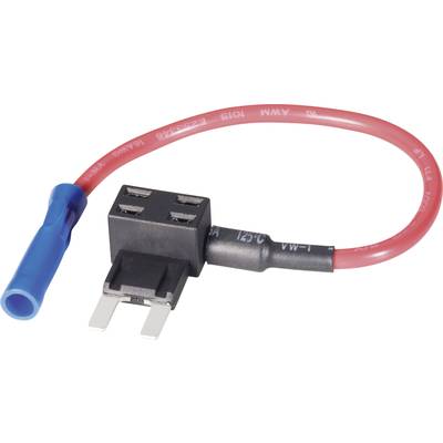Rode kabelstekker met zekeringhouder en blauwe bus, gebruikt voor beveiliging van elektrische schakelingen in voertuigen.