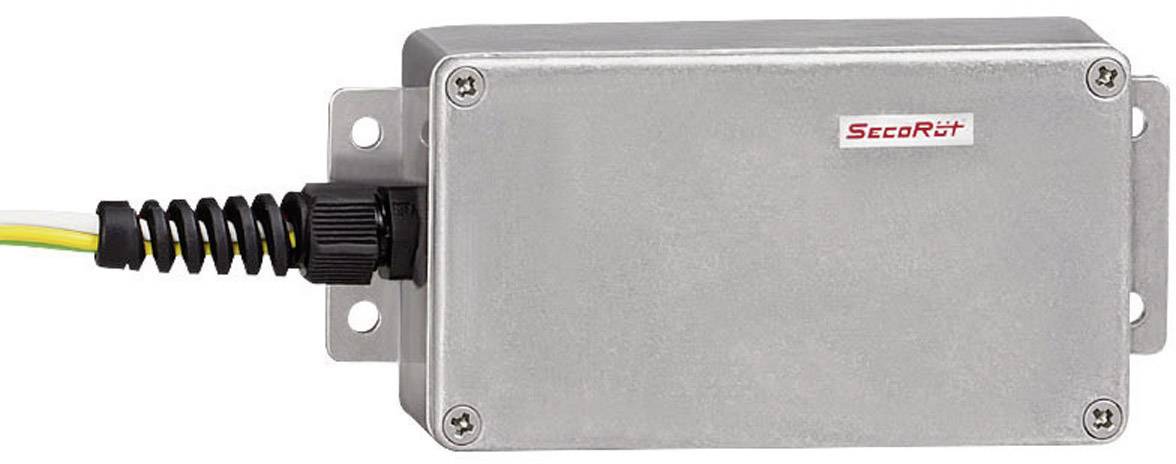 Metalen behuizing met twee montagesleuven en kabelaansluiting aan de linkerzijde, geschikt voor gebruik in elektrische installaties.