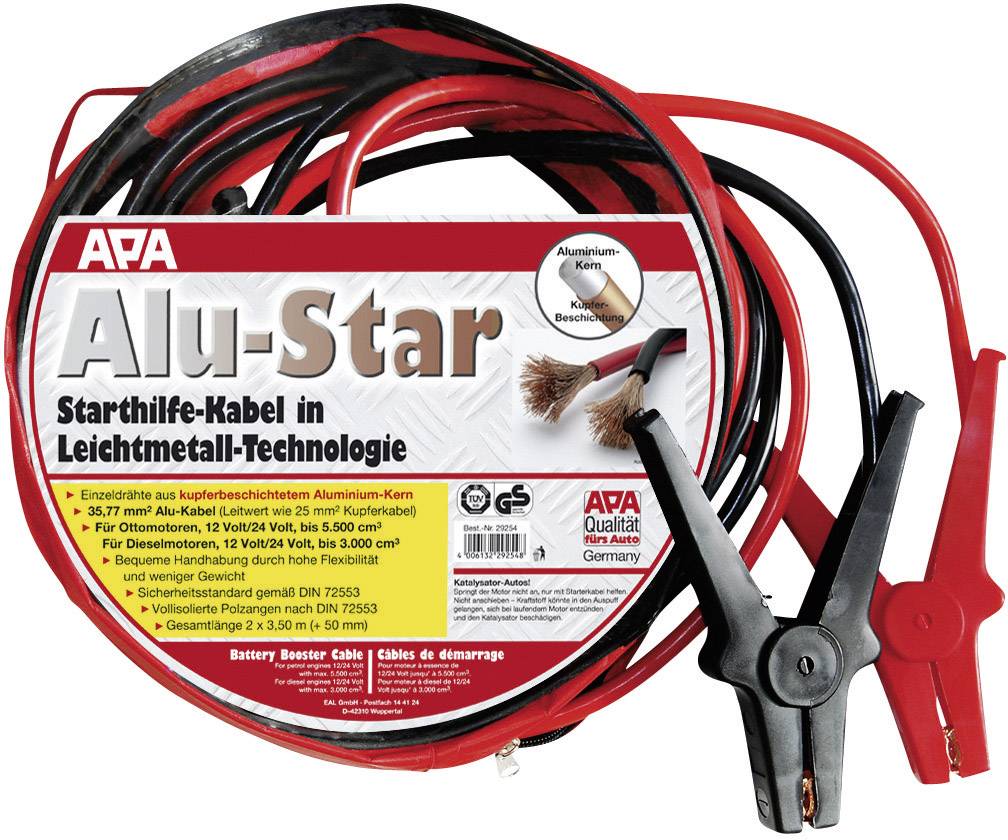 Startkabels 'APA Alu-Star' met aluminium kern, 35,97 mm², 700 A, 5 m lengte. Geschikt voor diesel- en benzinemotoren.