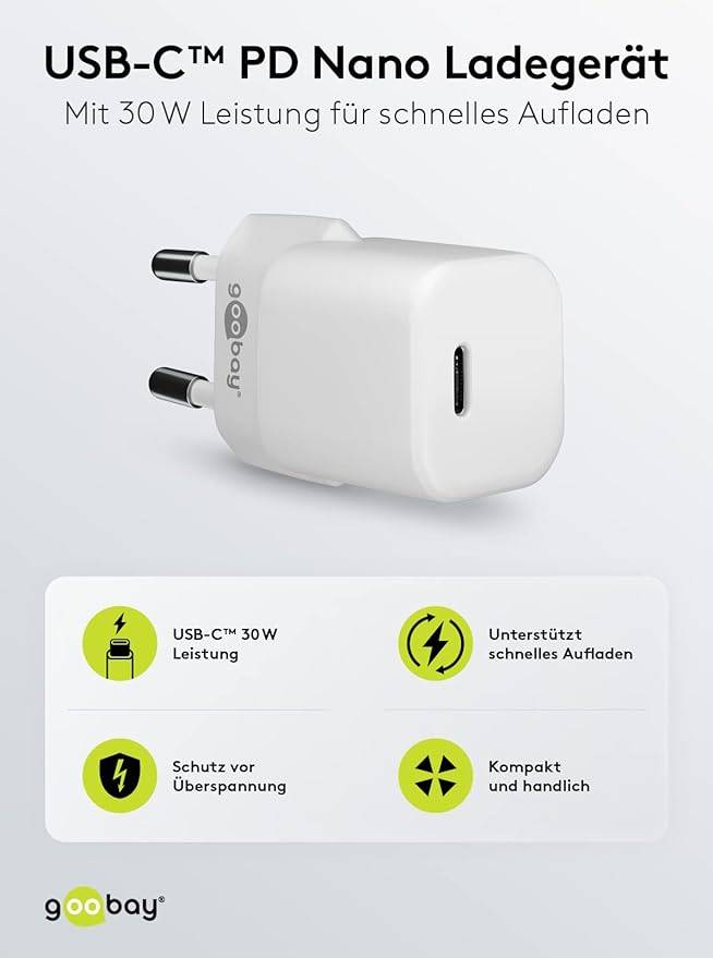 Goobay USB-C™ PD (Power Delivery) snellader nano (30 W) wit - geschikt voor apparaten met USB-C™ (Power Delivery)...-1