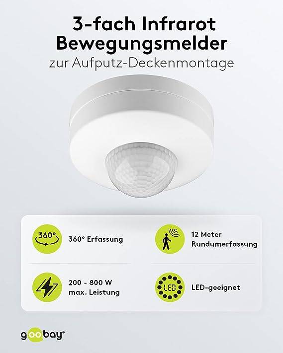 Infrarood bewegingsmelder voor opbouwmontage aan het plafond, 360° detectie, 12 m bereik, voor gebruik binnenshuis...-1