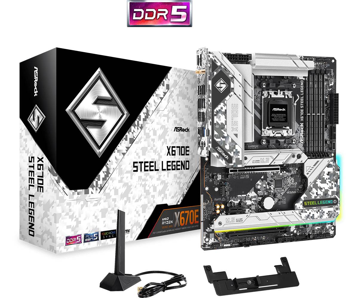 ASRock X670E Steel Legend Moederbord Socket AMD AM5 Vormfactor ATX Moederbord chipset AMD® X670