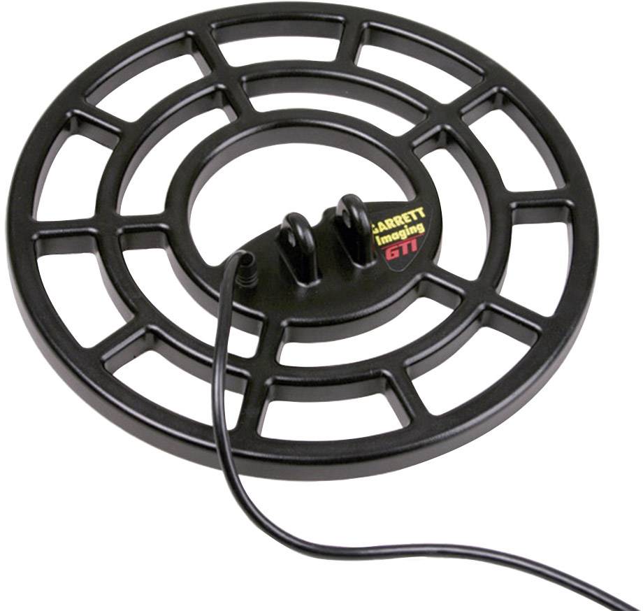 Een zwarte, ronde zoekspoel met een kabel, gebruikt voor metaaldetectoren. Hij heeft meerdere radiale verstevigingsstralen.