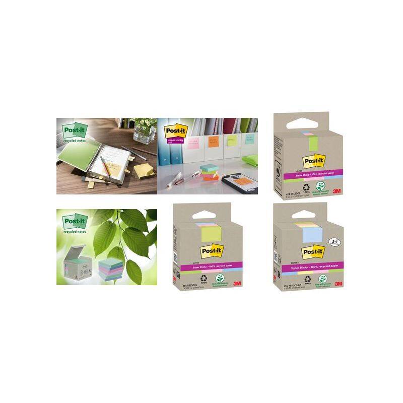 Post-it 4064035060169 Post-it Super Sticky - Super Sticky Notes Recycled, 70 vel, ft 76 x 76 mm, assorti, pak van 3-0