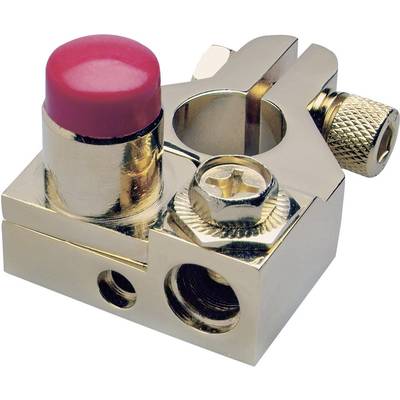 Een metalen stekker met een rode knop en schroefgaten, mogelijk een elektrische aansluiting of bevestigingselement.