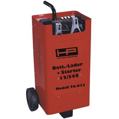 Een rood batterijlaadapparaat met startfunctie voor 12/24V, gemarkeerd met 'Model 20.032', voorzien van wielen en handgreep.