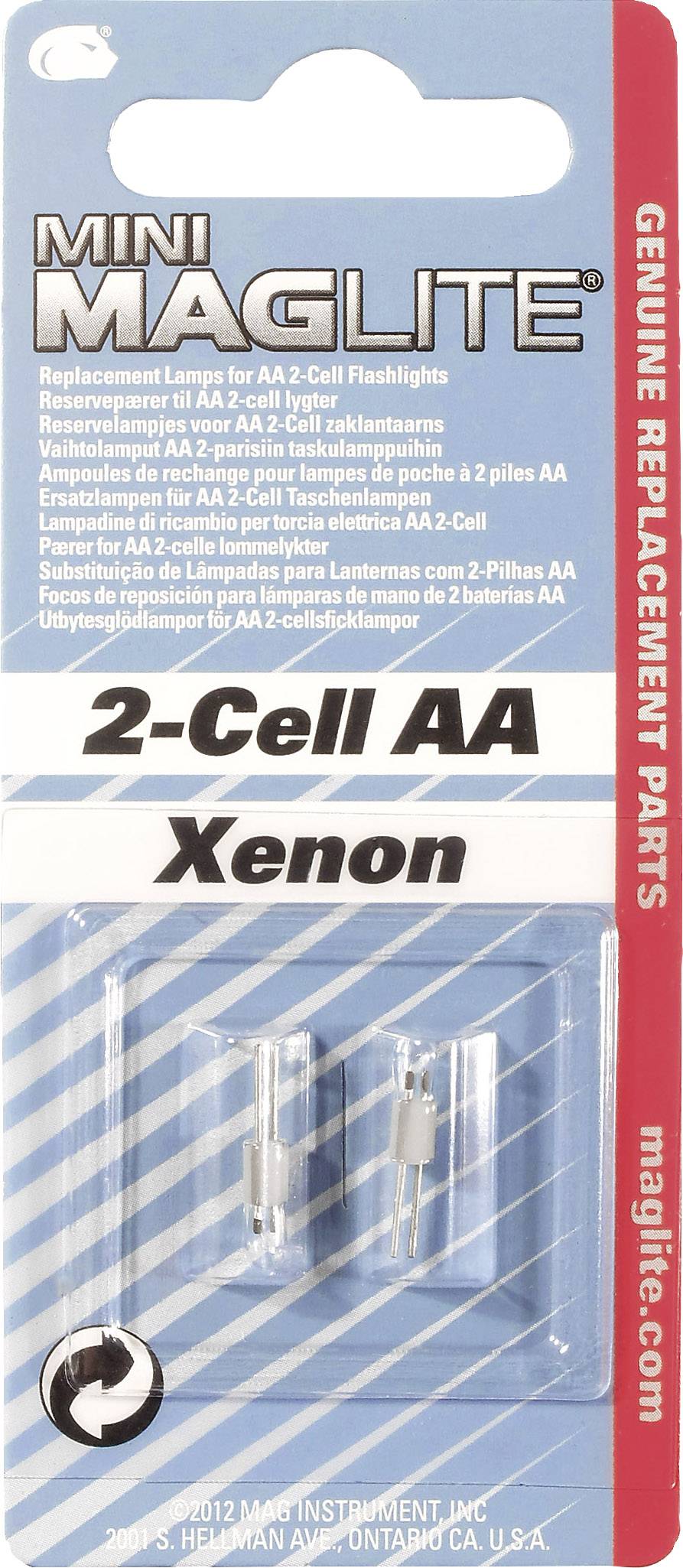Verpakking voor reservelamp van de Mini Maglite 2-Cell AA zaklamp. Bevat een Xenon-lamp voor AA-cel zaklampen.