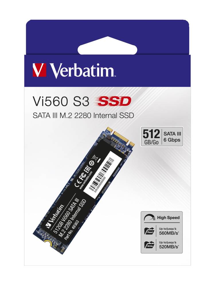 Verbatim Vi560 512 GB SATA M.2 SSD 2280 harde schijf M.2 SATA 6 Gb/s Retail 49363-3