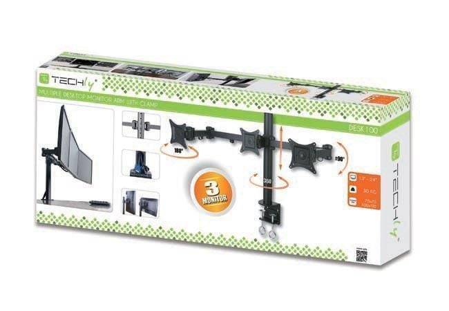 Techly-montageset (klembevestiging voor tafelbuis zwenkarm) voor 3 LCD-schermen - Zwart - Schermgrootte-8