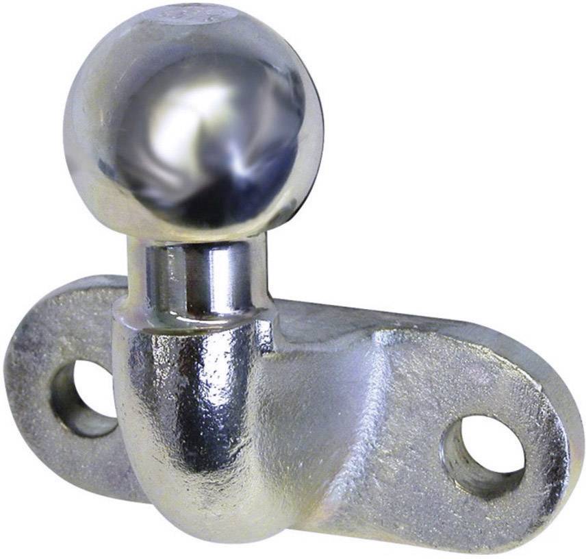 Metalen bol op een basis met twee bevestigingsgaten, vermoedelijk een component van een aanhangwagenkogelkoppeling.