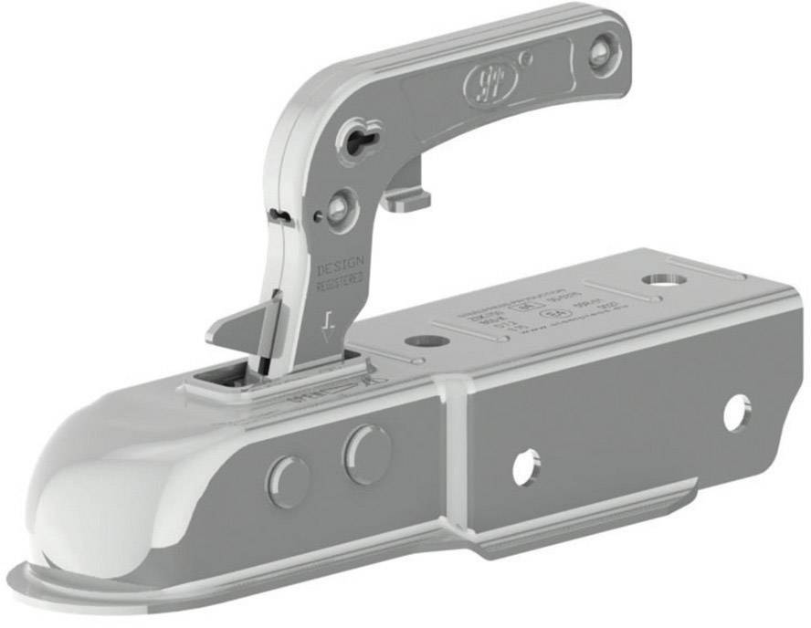 Metalen aanhangwagenbevestiging. Vergrendelingsmechanisme bovenaan met hefboom. Twee schroefgaten voor montage.