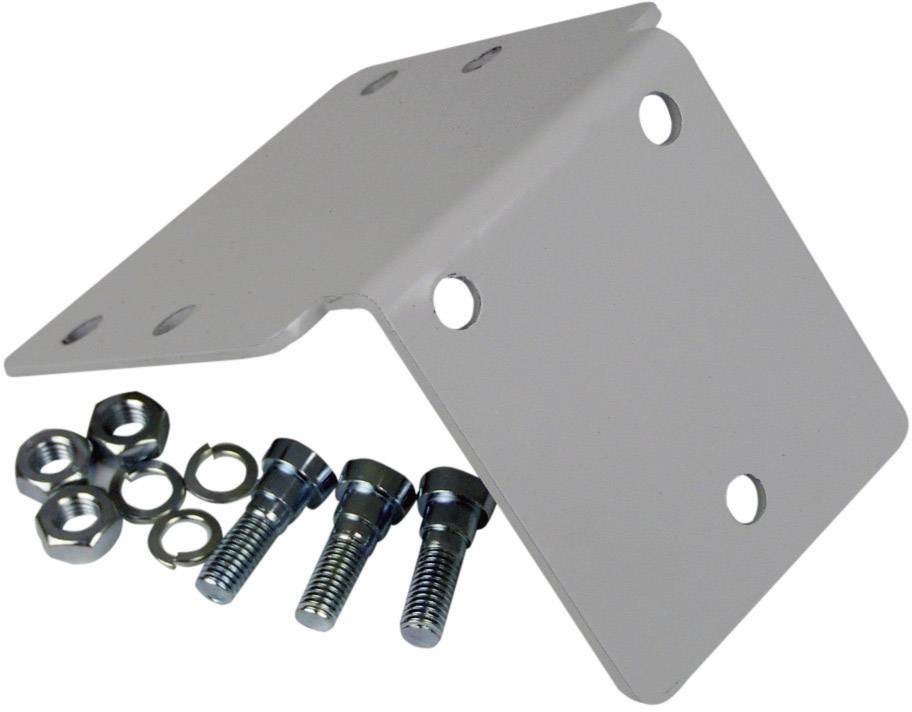 Grijs L-vormig metalen hoekstuk met vier schroeven, moeren en sluitringen, geschikt voor montagedoeleinden.