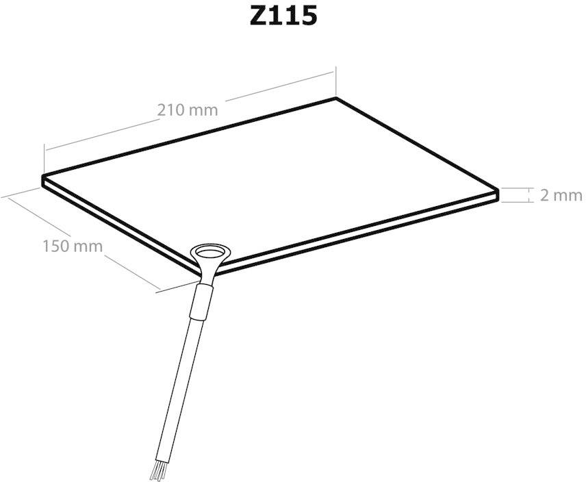 'Illustratie van een rechthoekig object Z115 met afmetingen: 210 mm breedte, 150 mm hoogte, 2 mm diepte, verbonden met een kabel.'