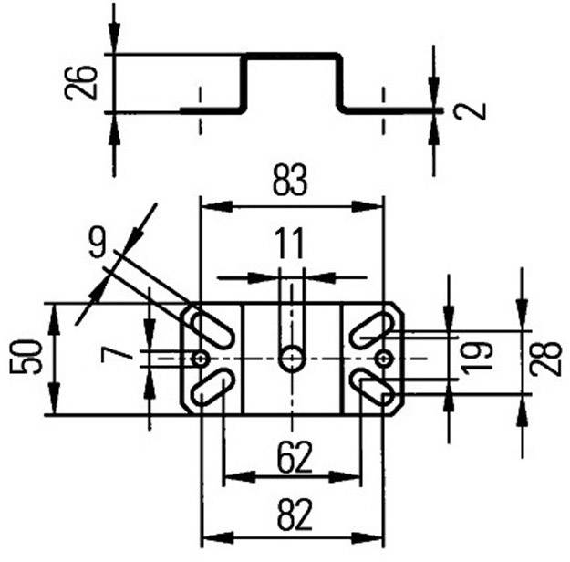 Technische tekening van een metaalprofiel met afmetingen: breedte 83 mm, hoogte 50 mm, dikte 2 mm. Doorsnede en boringen aangegeven.