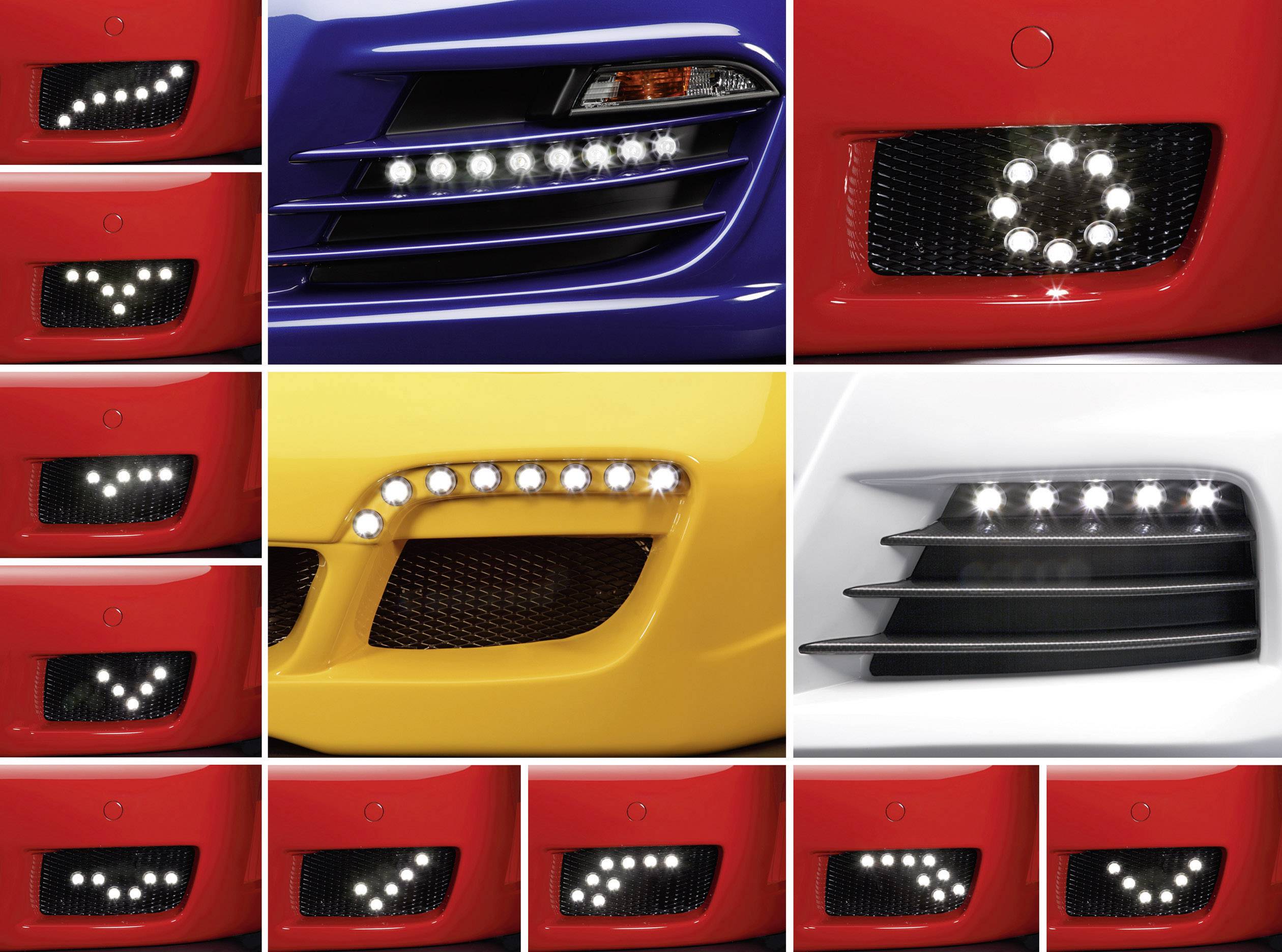 'Close-up van autokoplampen in verschillende kleuren en stijlen, die de verscheidenheid aan vormen en lichtopstellingen tonen.'