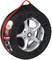 Een band met een zwarte velgafdekking met een rode streep en het logo '4 Wheels Cover'.