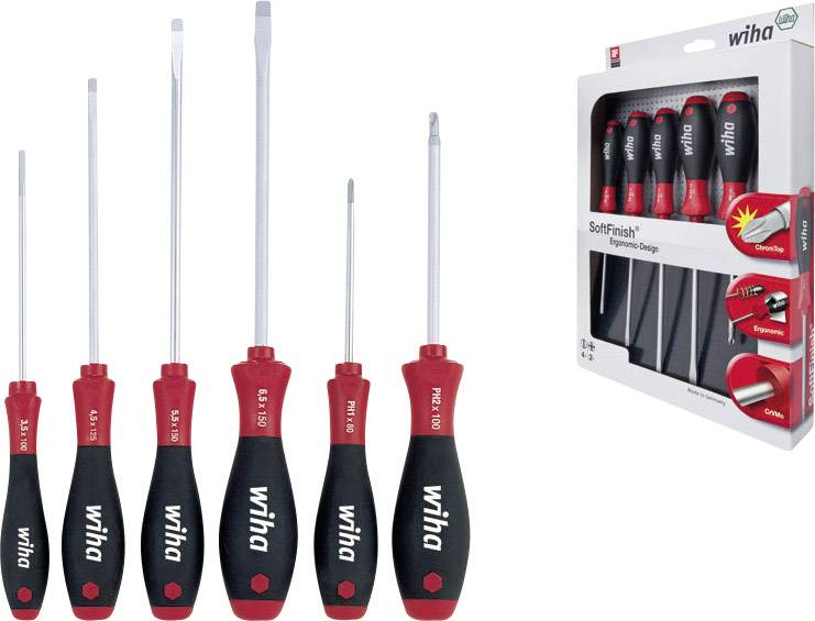 'Wiha' schroevendraaierset met ergonomische handgrepen, bestaande uit vijf verschillende maten, naast de productverpakking afgebeeld.