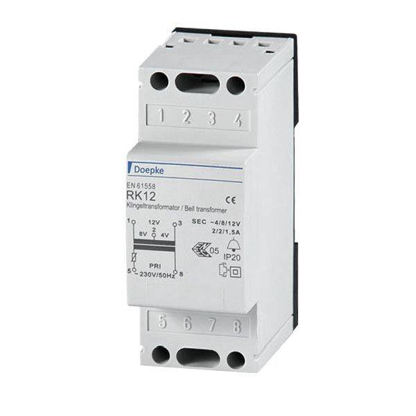 Glockentrafo RK12 van Doepke met 12V uitgang, geschikt voor bel- en intercomsystemen. Installatie-apparaat voor montage op DIN-rail.
