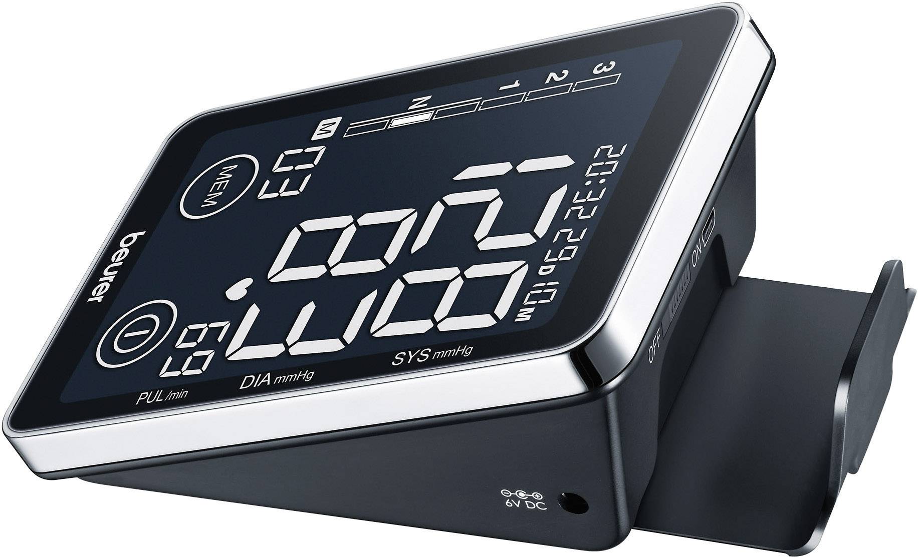 Digitaal bloeddrukmeetsysteem met groot display, toont meetwaarden voor SYS, DIA en polsslag. Merknaam 'beurer' links onderaan.