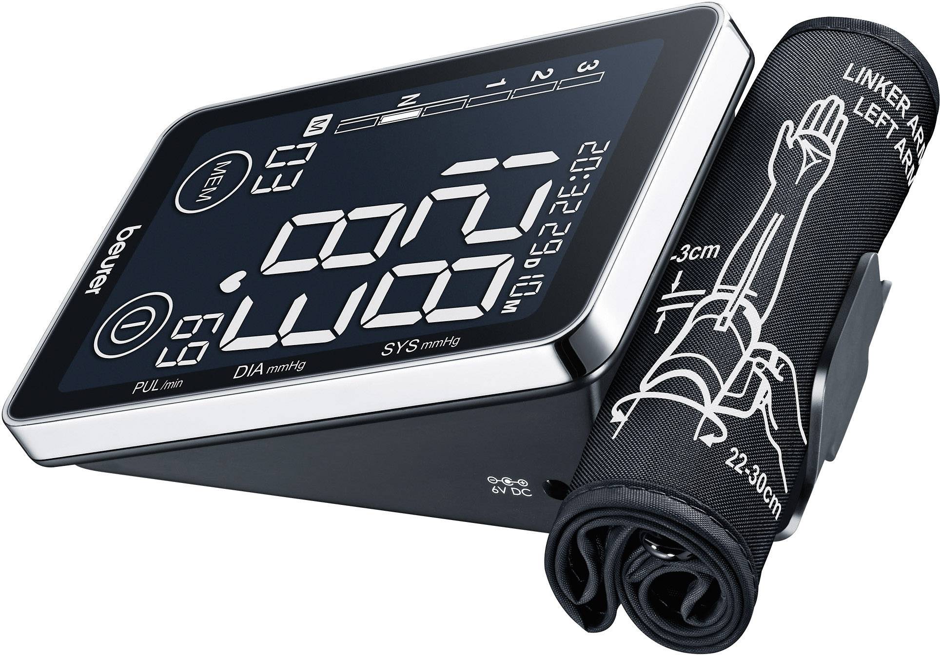 Digitaal bloeddrukmeetapparaat met groot display en armband. Apparaat toont hartslag en bloeddrukwaarden. Geschikt voor de linkerarm.