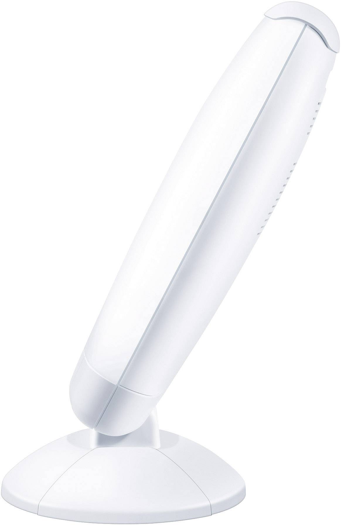 Een witte, ovale tafellamp gezien vanuit zijaanzicht. Het apparaat staat op een rond voetstuk en heeft een slanke, moderne vormgeving.