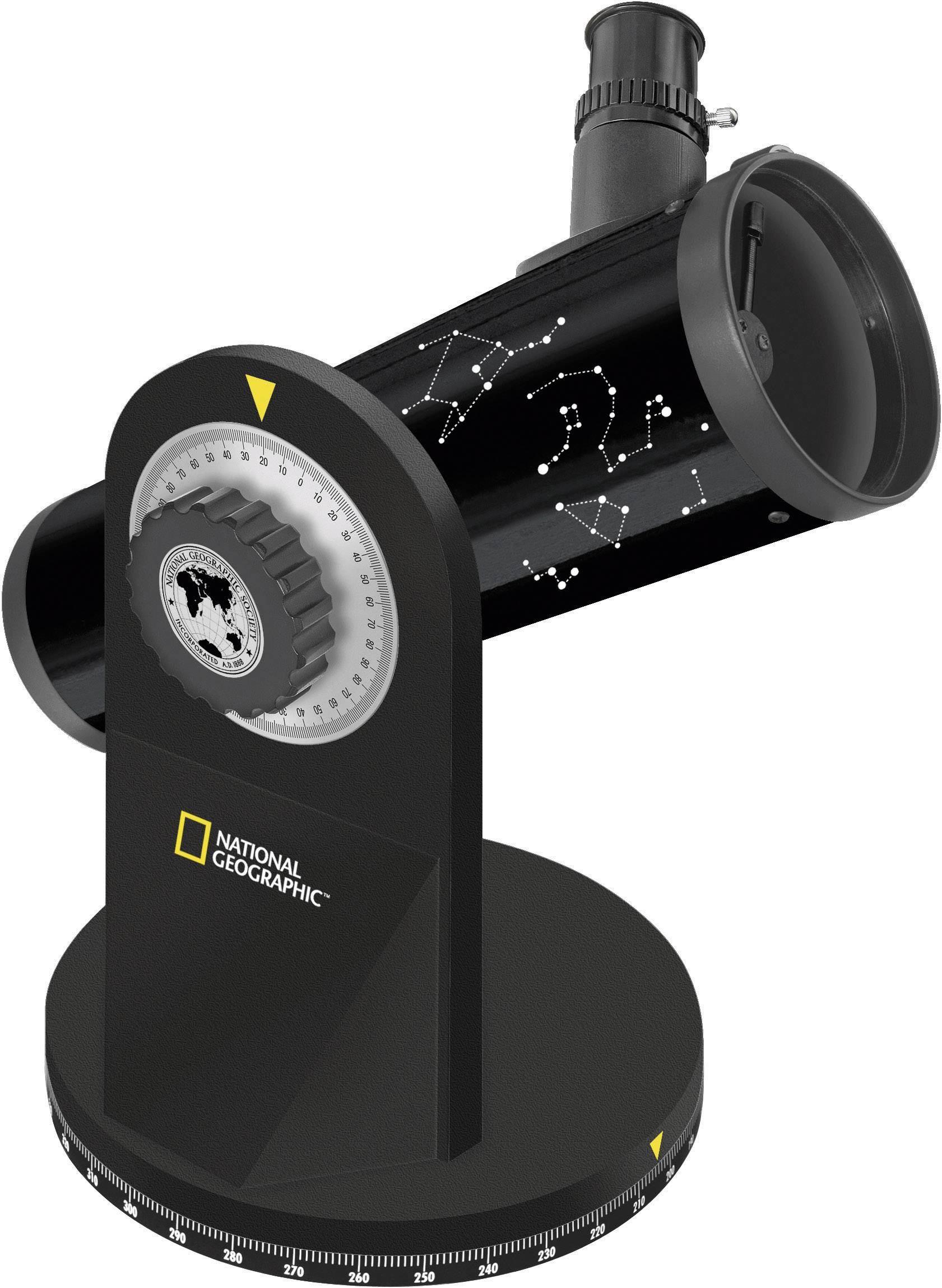 Zwart Newton-telescoop van National Geographic met sterrenbeldtekeningen op de tubus, geschikt voor amateurastronomen voor hemelwaarneming.