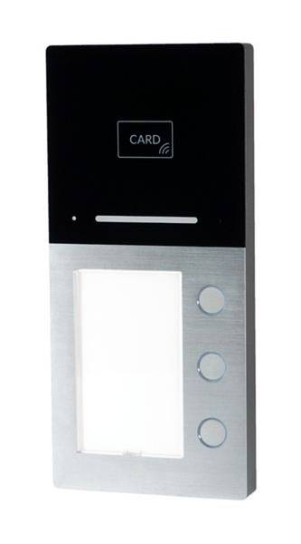 Toegangscontrolesysteem met kaartlezer, drie toetsen en display voor identificatie in gebouwen.