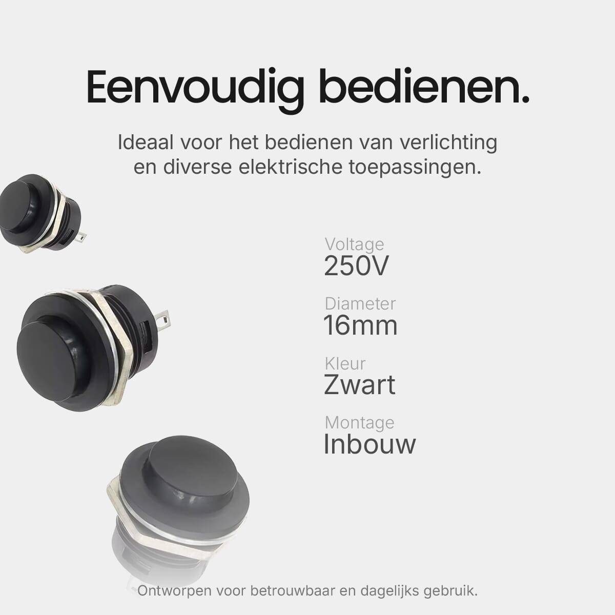 ProRide Drukknop Pulsschakelaar R13-507 - 16mm Inbouw - 250V/3A - Normally Open - Zwart-1