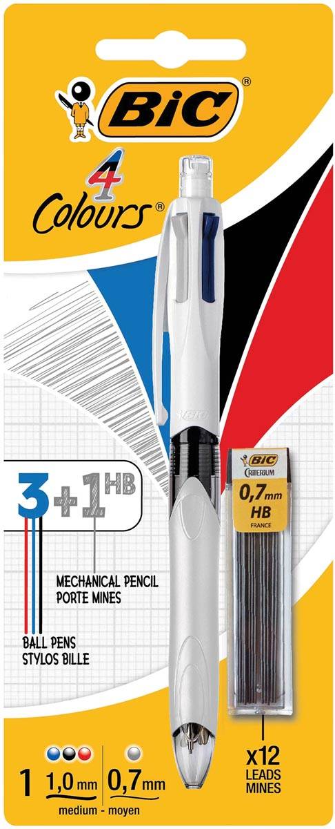 BIC 3086123449541 BIC - Balpen 3kleuren + vulpotl hb 0.7mm m wit-0