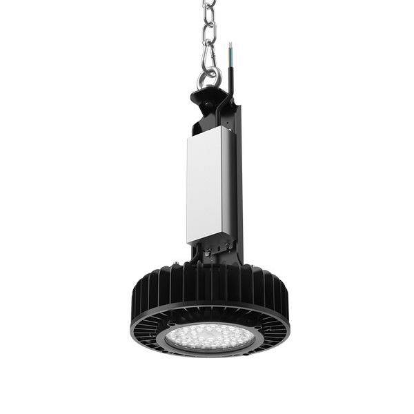 Lamp met rond behuizing en hangende ketting, geschikt voor industriële verlichting.