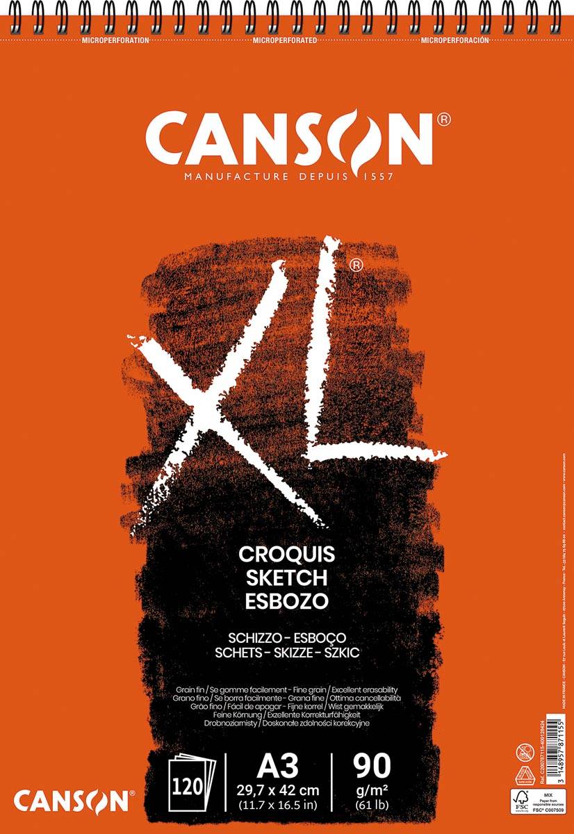 Schetsblok canson xl croquis a3 90gr 120v spir | Stuk a 120 vel-0