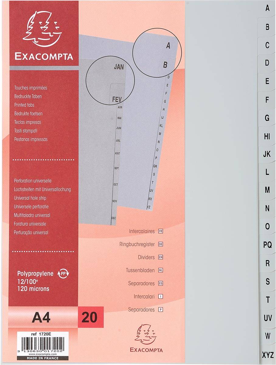 Exacompta 3130630017202 Exacompta - tabbladen voor ft A4, uit PP, van A tot Z, 20 tabs, grijs-0