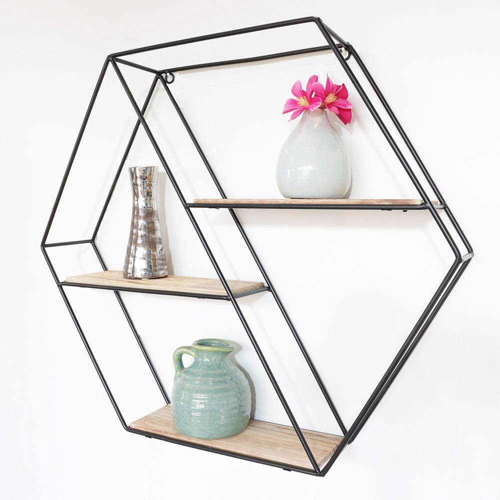 Zwart metalen wandrek 3 houten plankjes - Zeshoek diagonaal-0