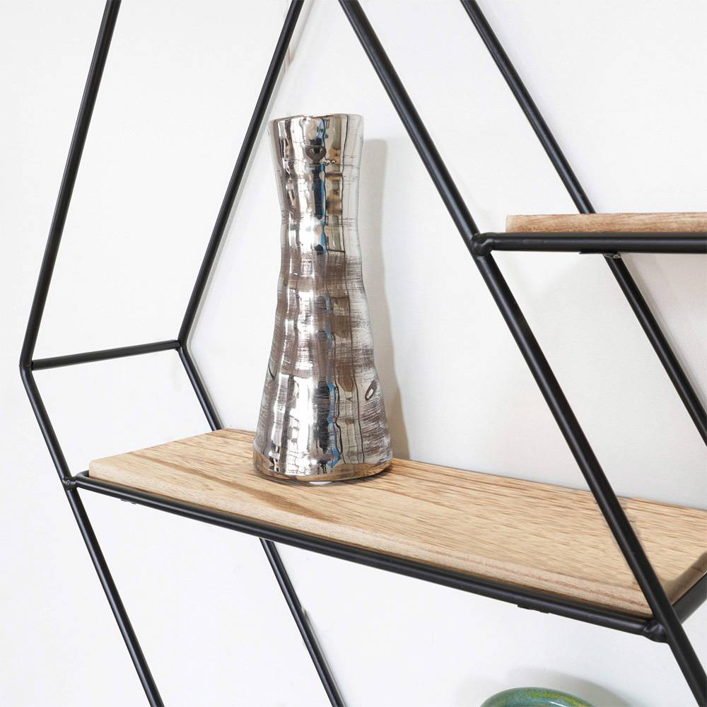 Zwart metalen wandrek 3 houten plankjes - Zeshoek diagonaal-1