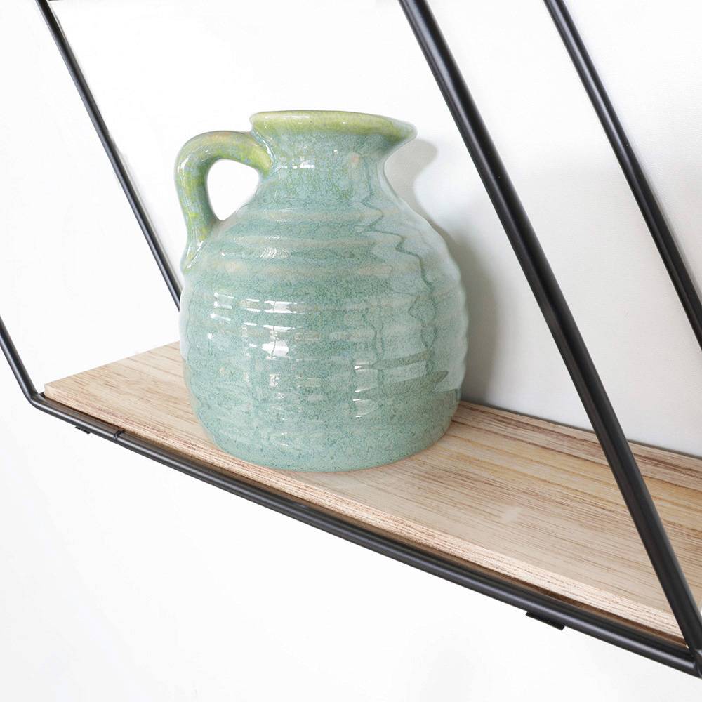 Zwart metalen wandrek 3 houten plankjes - Zeshoek diagonaal-2