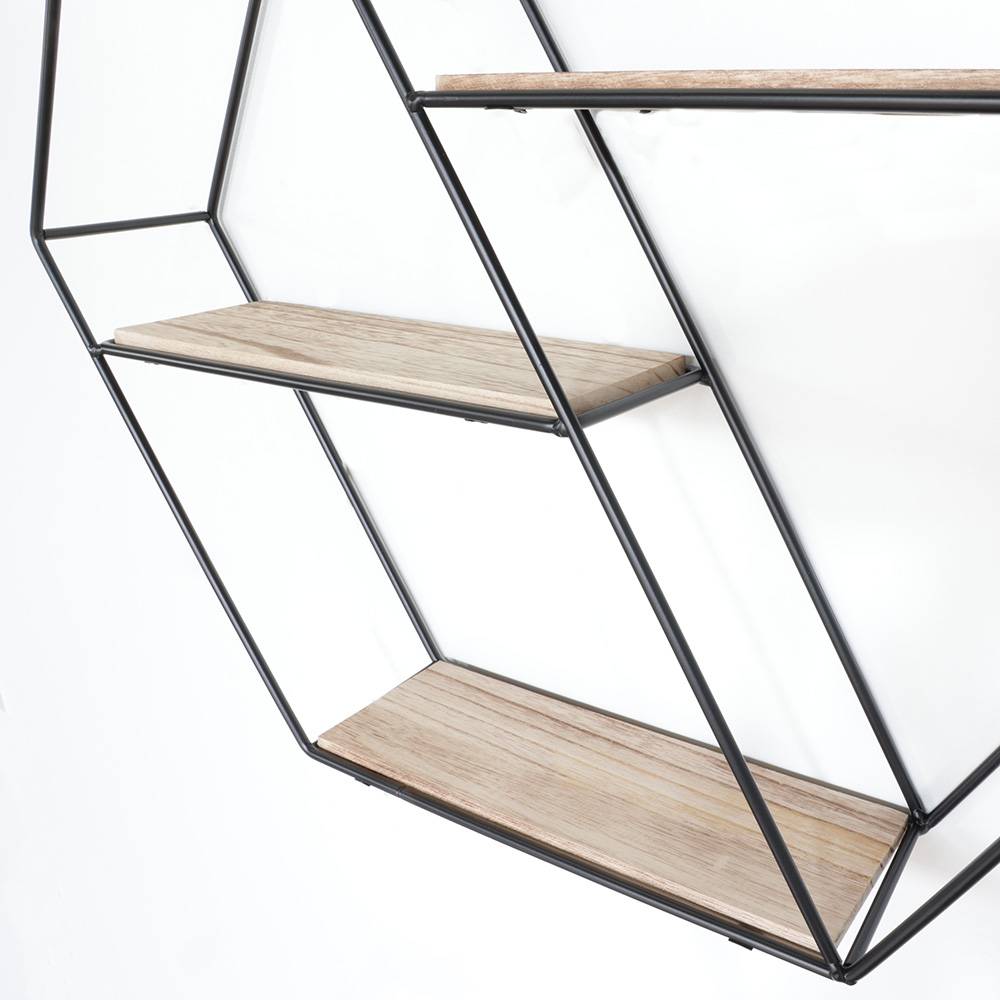 Zwart metalen wandrek 3 houten plankjes - Zeshoek diagonaal-3