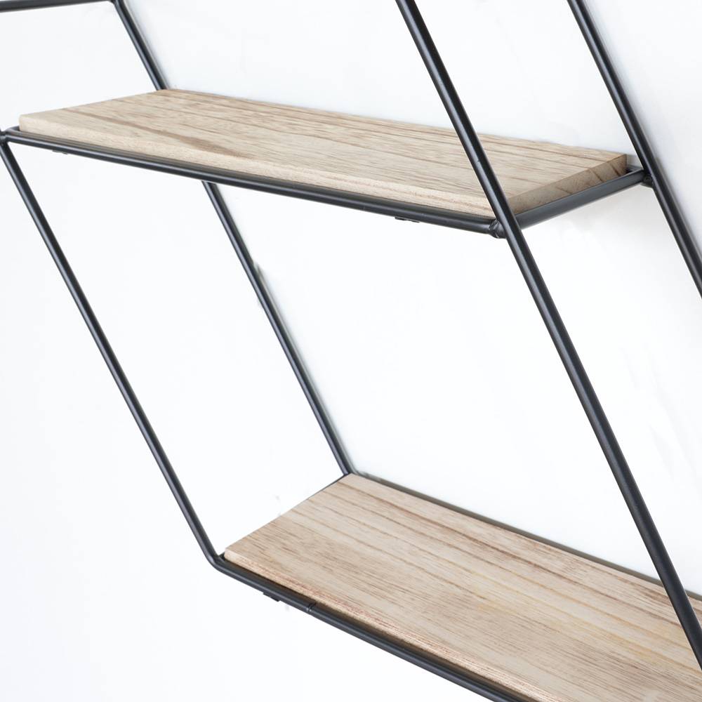 Zwart metalen wandrek 3 houten plankjes - Zeshoek diagonaal-4