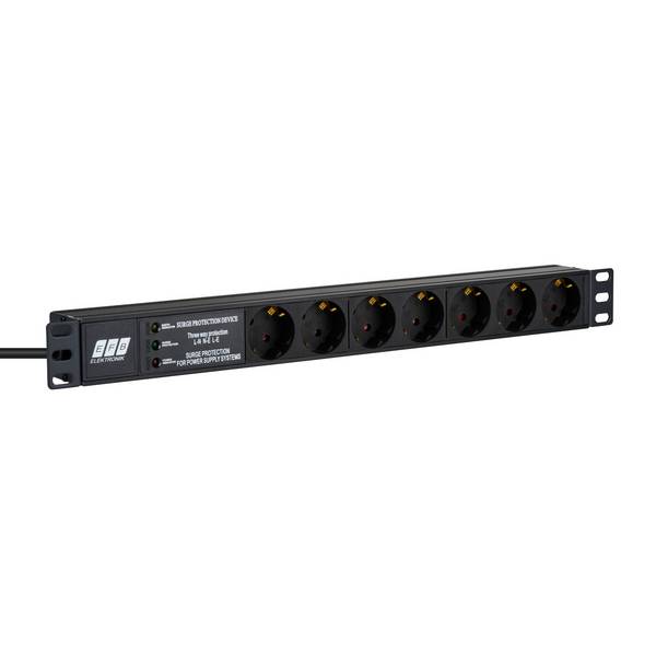 EFB 19" 1U stekkerdoos 7xCEE 7/3 met ÜSS, aluminium, zwart