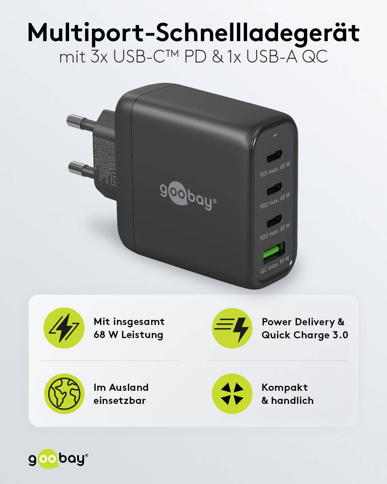 Goobay thuislader met 3x USB-C PD en 1x USB-A QC - GaN - 68W / zwart-1