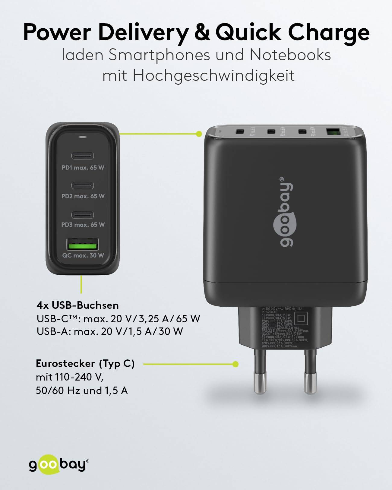 Goobay thuislader met 3x USB-C PD en 1x USB-A QC - GaN - 68W / zwart-3