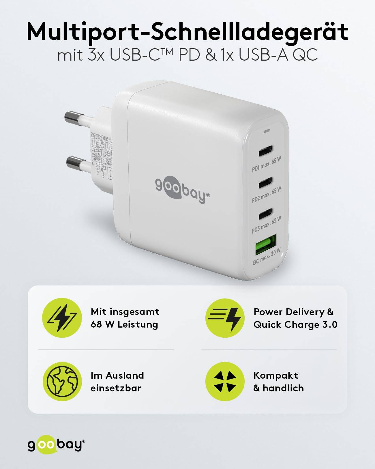 Goobay thuislader met 3x USB-C PD en 1x USB-A QC - GaN - 68W / wit-1