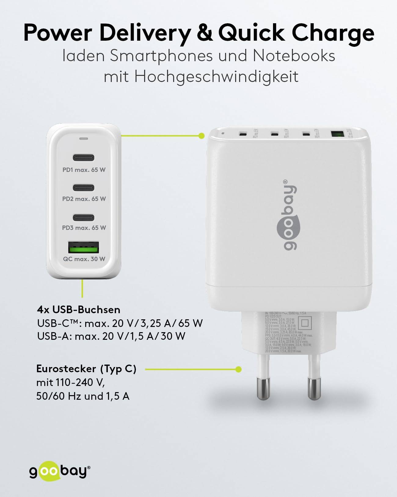 Goobay thuislader met 3x USB-C PD en 1x USB-A QC - GaN - 68W / wit-3