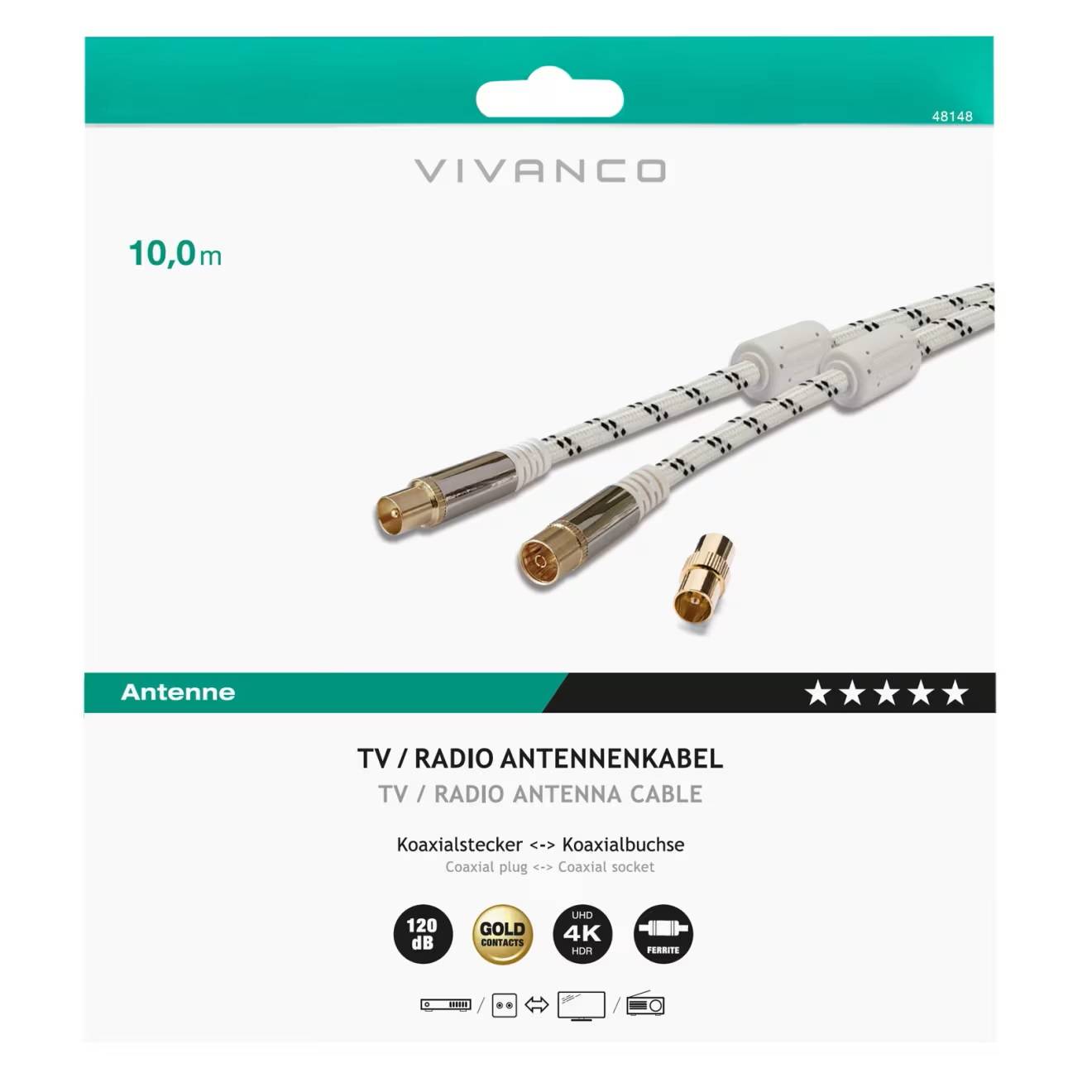 Vivanco Antenne Aansluitkabel [1x Antennestekker 75 Ω - 1x Antennebus 75 Ω] 10.00 m Vergulde steekcontacten, Viervoudig -4