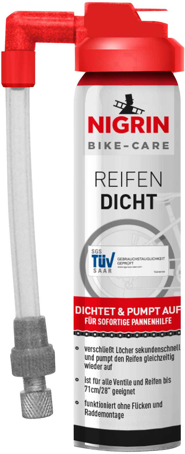 Rode dopje met slang; witte spuitbus van 'Nigrin' voor 'bandenafdichting'; aangewezen voor snelle reparatie en oppompen van banden.