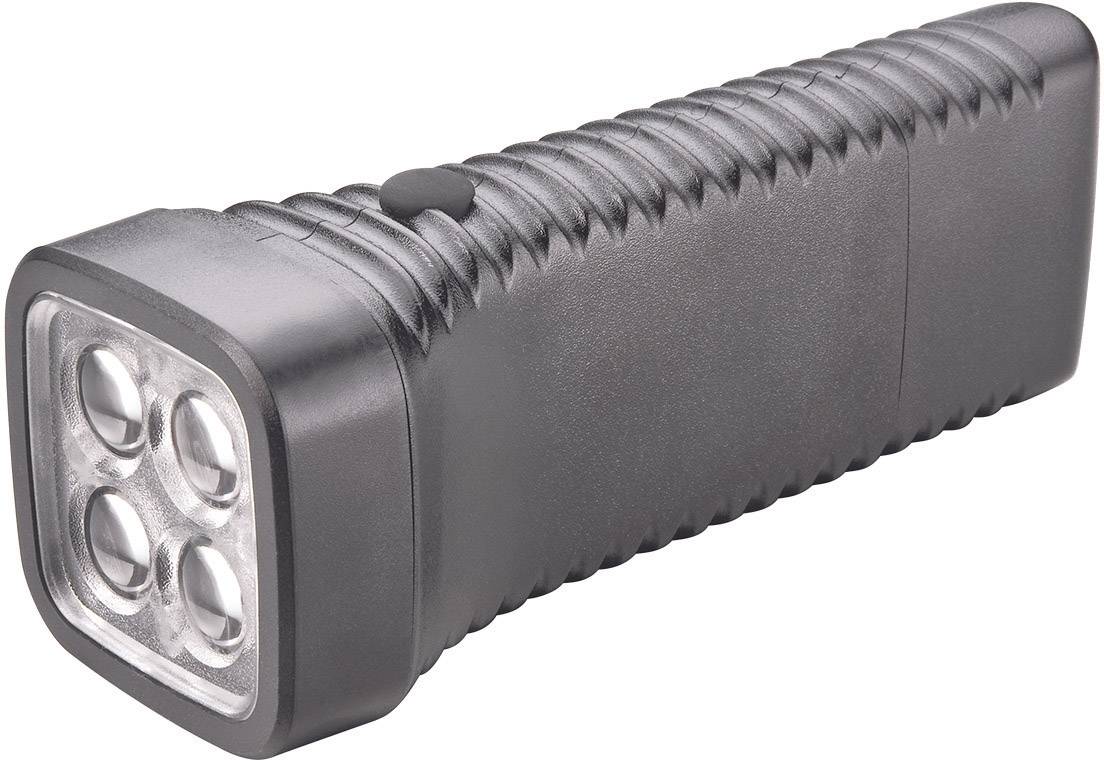 Een zwarte LED-zaklamp met vier ronde lichtdiodes en een gegroefde handgreep ligt op een lichte ondergrond.