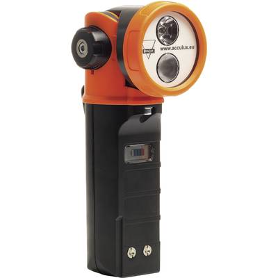 Een oranje en zwarte zaklamp die speciaal is ontworpen voor gebruik in gevaarlijke omgevingen. Hij heeft een robuuste greep.