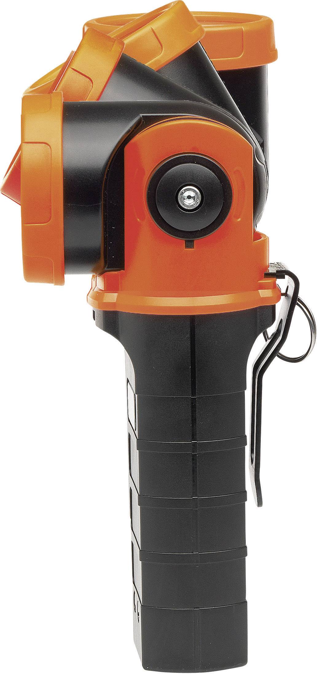 Zaklamp met draaibaar hoofd, overwegend zwart met oranje accenten, zijdelingse schroef zichtbaar.