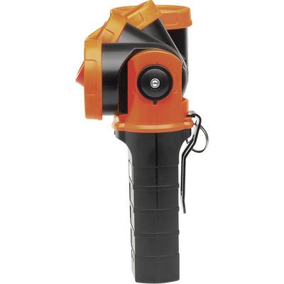 Zaklamp met draaibaar hoofd, overwegend zwart met oranje accenten, zijdelingse schroef zichtbaar.