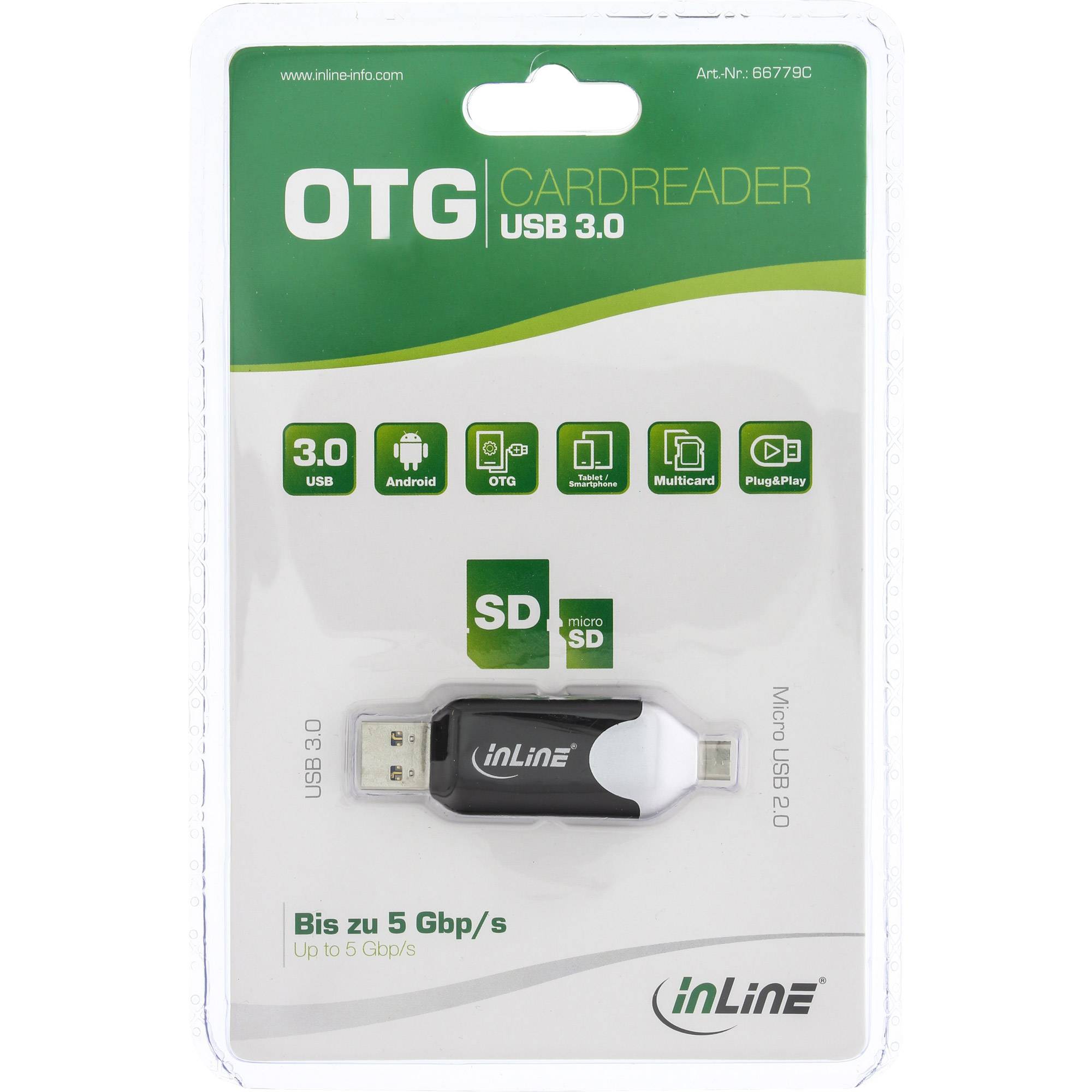 InLine® USB3.0 dubbele kaartlezer, USB A en Micro-USB 2.0 voor SDXC en microSDXC-2