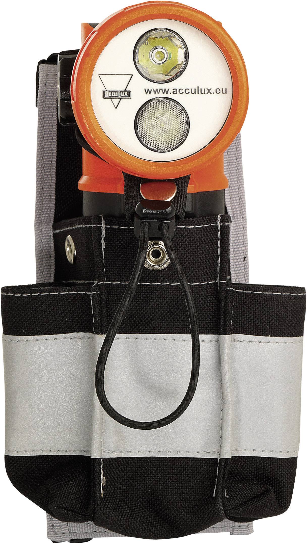 Zaklamp met oranje behuizing en zilver-zwarte houder. Bovenaan LED-licht, daaronder merklogo en website-adres.